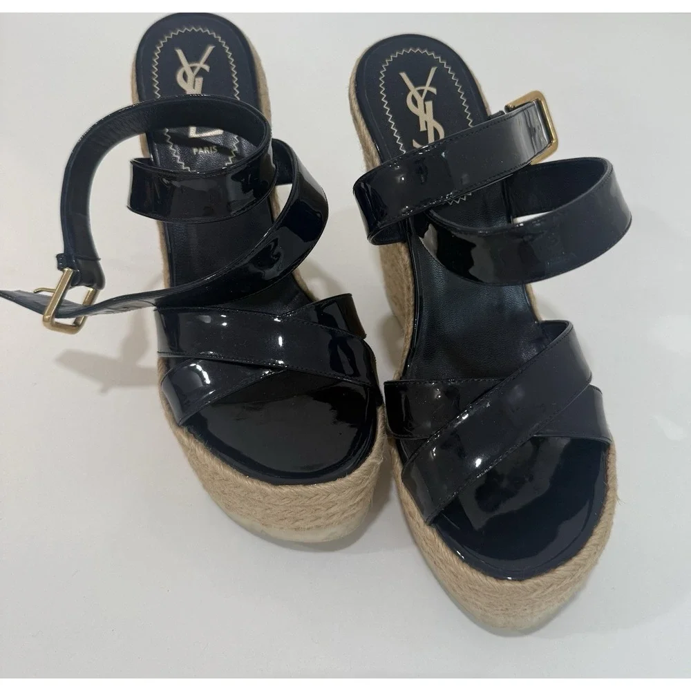 Yves Saint Laurent Espadrille Wedge Sandals Shoes Dark Blue Leather Size 37.5‎